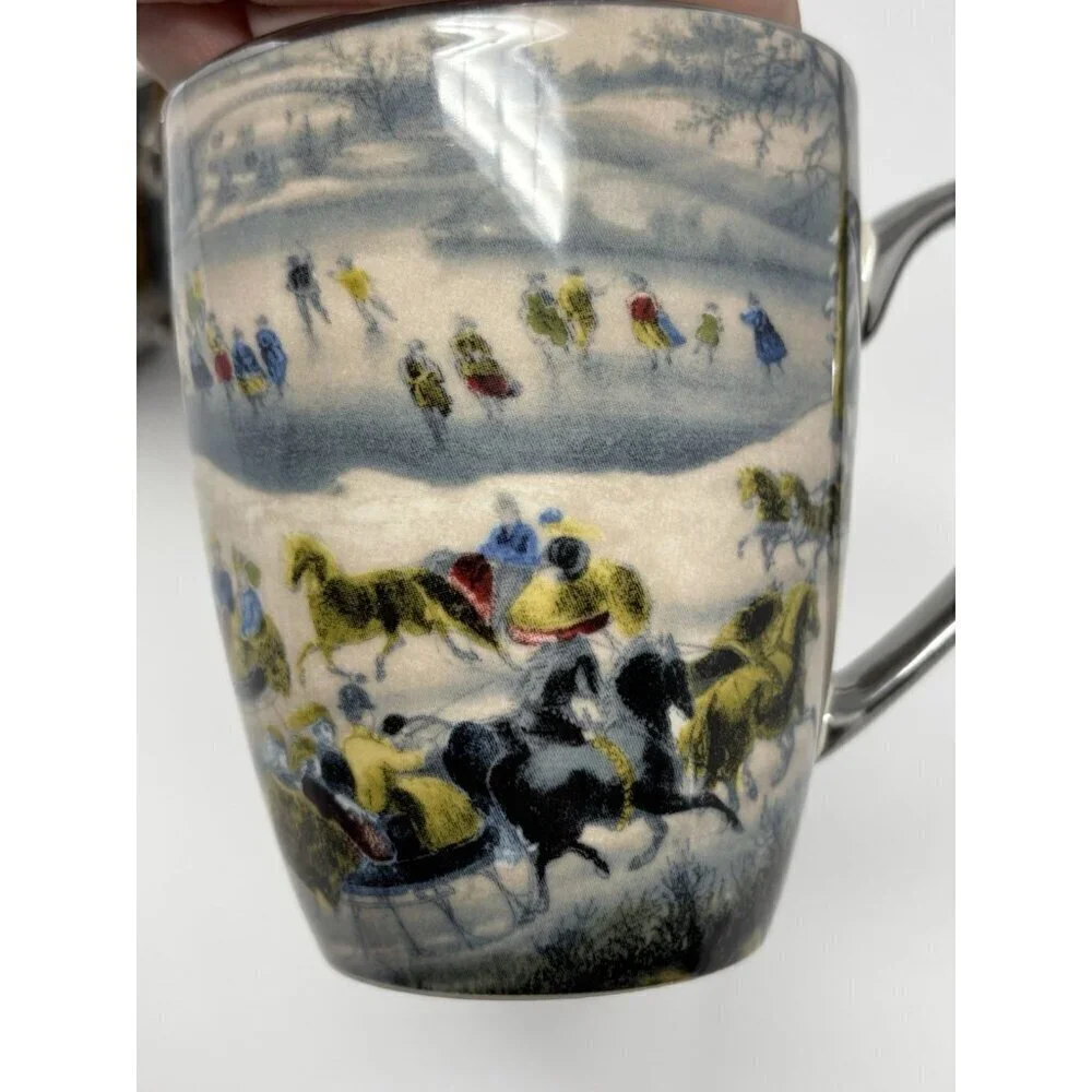 METROPOLITAN MUSEUM OF ART‎ Pair Mugs Winter Homestead Carriage Horse Cabin